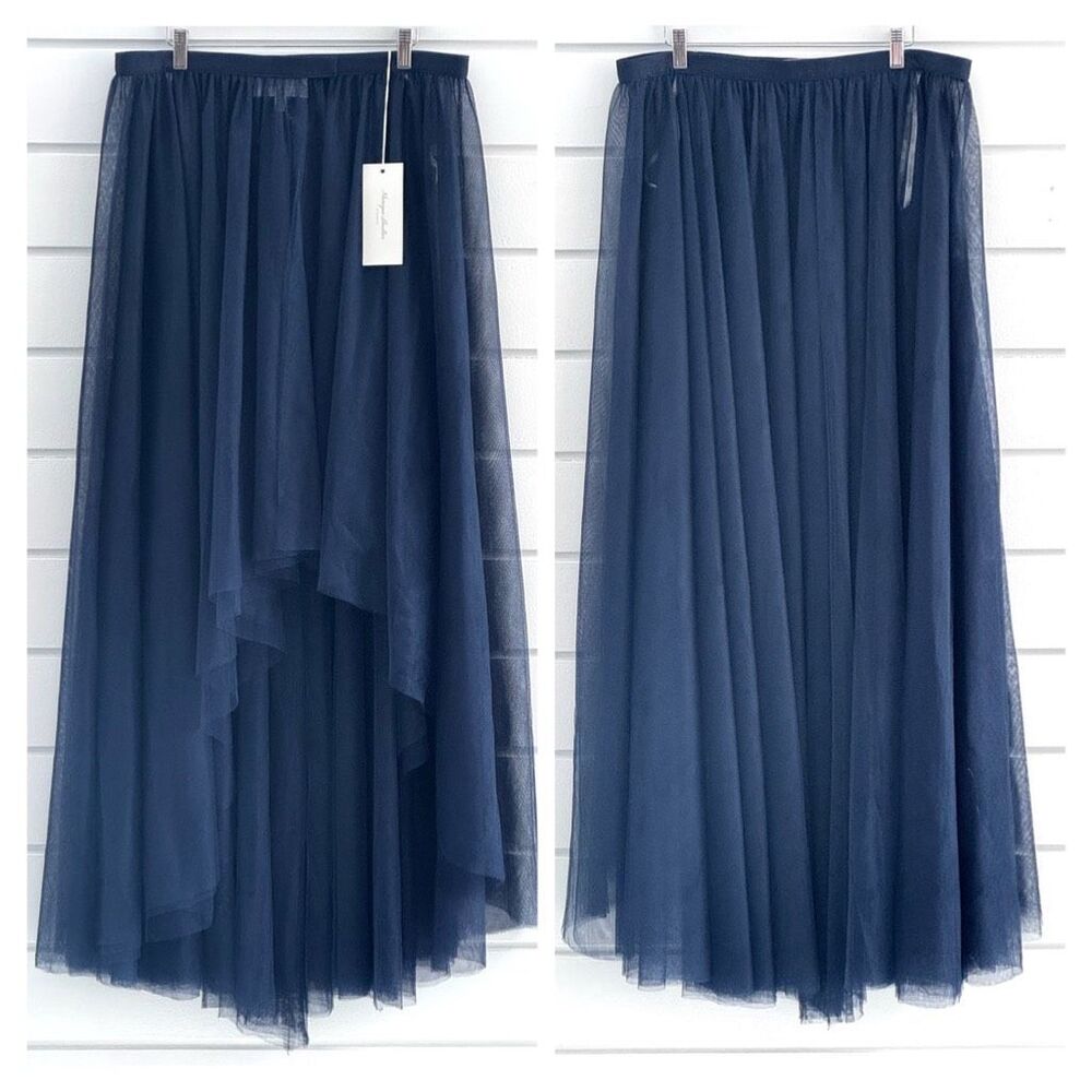 Monique Lhuillier Bridesmaids High/Low Tulle Maxi Skirt In Navy Size 16 NWT
